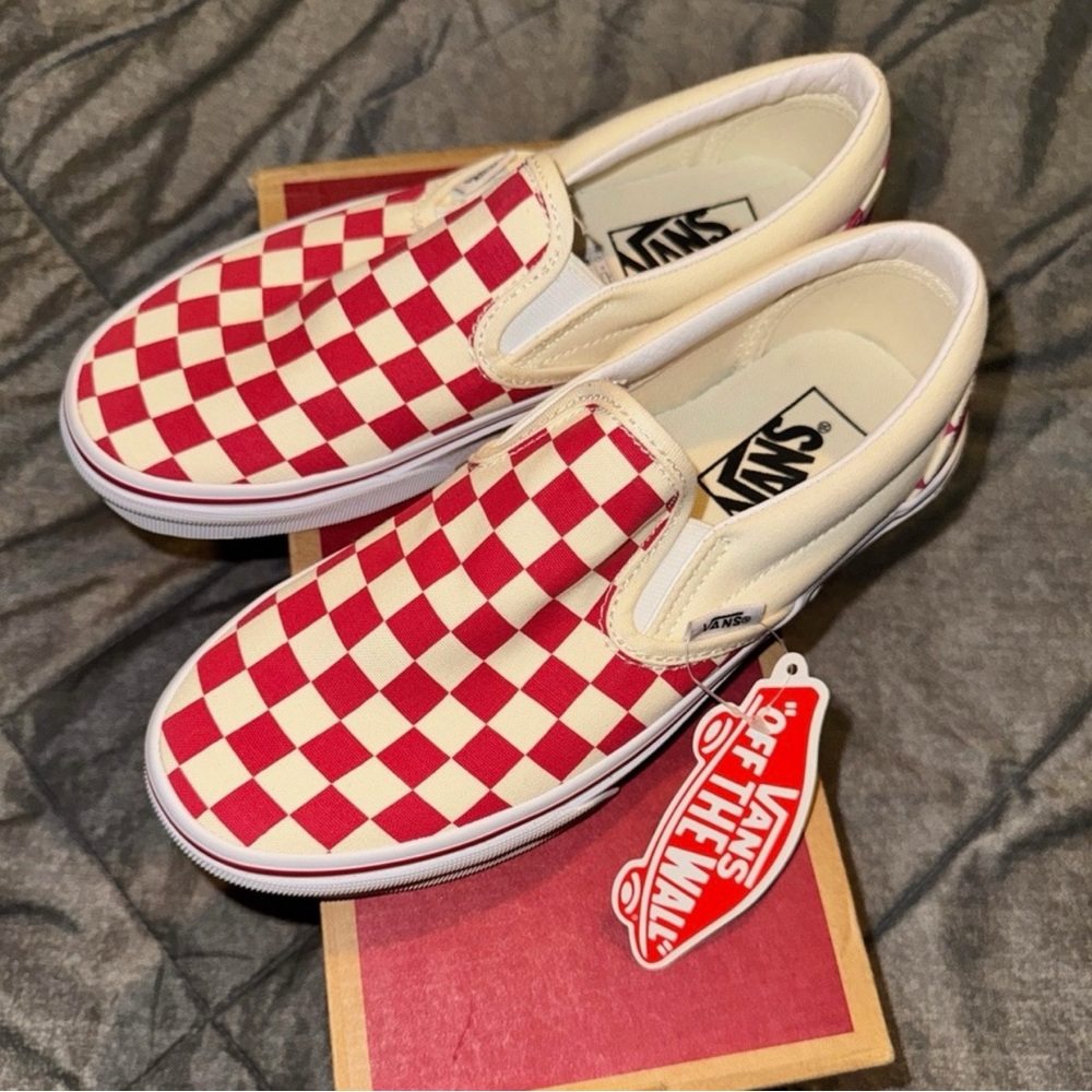 Vans Classic Red and White Checkered Slip-Ons